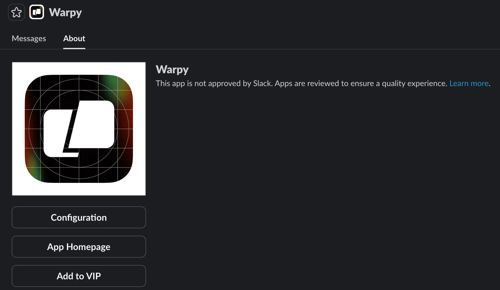 Warpy is just an internal Slackbot, your Warp slackbot should be called Oz.